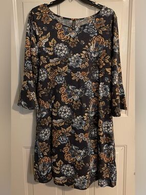 Massini Navy Floral Long Sleeve Scoop Dress with Mustard Accents